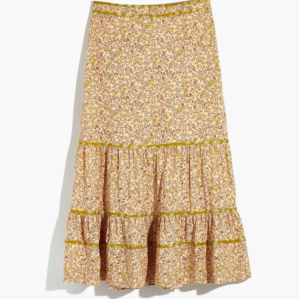 Madewell Floral Print Mix Tiered Midi Skirt Blossoming Vines Ditzy Cottagecore